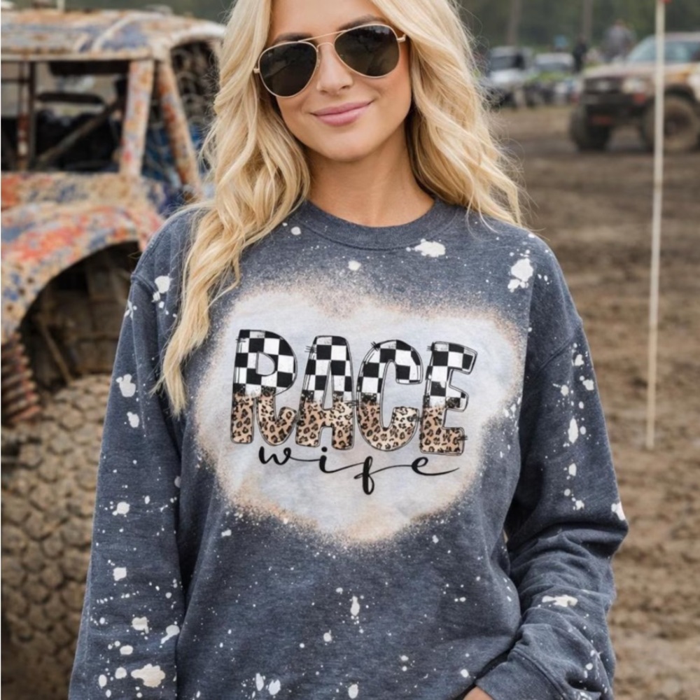 Race Wife Off-Roading Sweatshirt with bleach splattered design